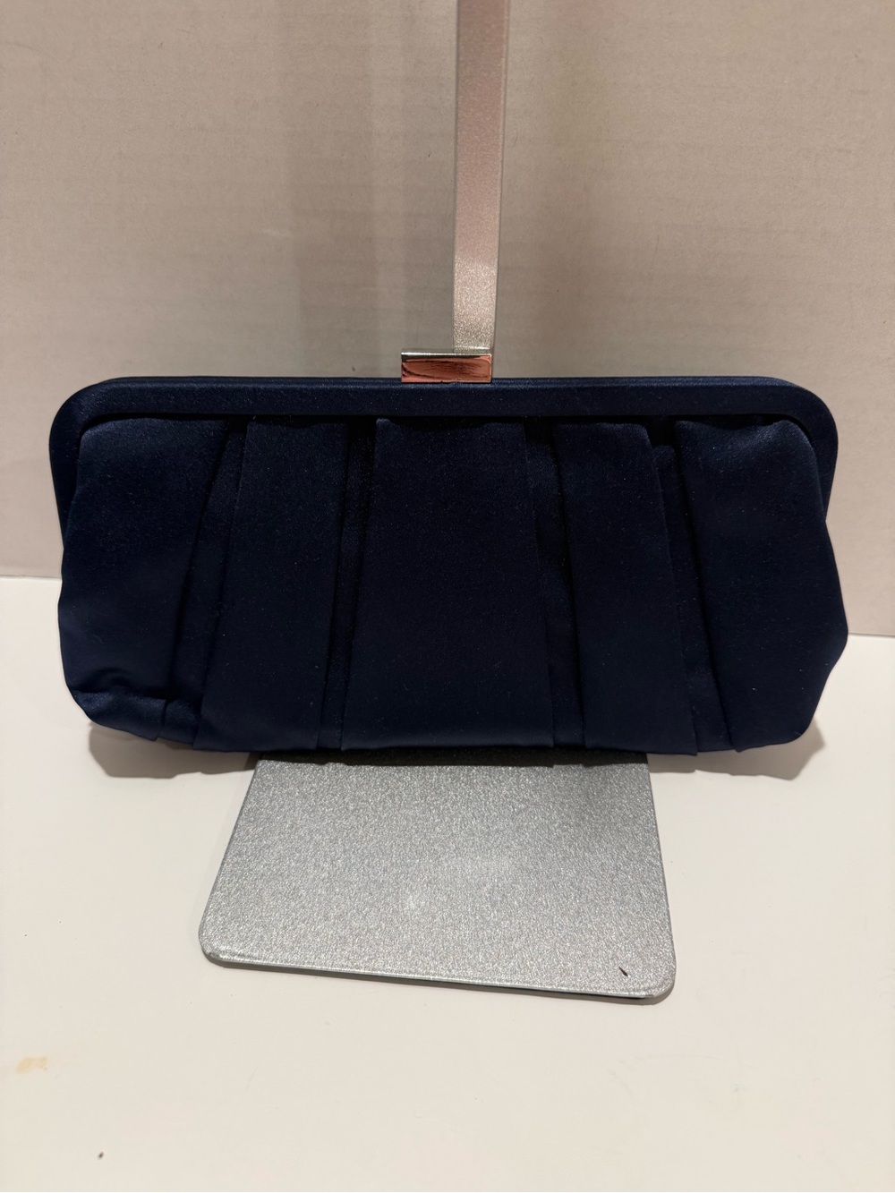 Nina Satin Evening Clutch in Navy with Hot Pink Lining with Silver Chain - Picture 3 of 11